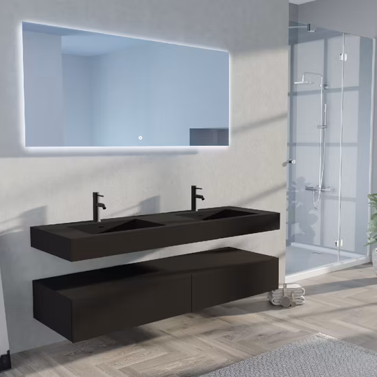 Buen aspecto, lavabo doble de pie, mueble de baño dorado de acero inoxidable con espejo de luz LED, muebles para el hogar Zf